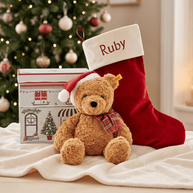 image of Steiff Christmas bear & red stocking set