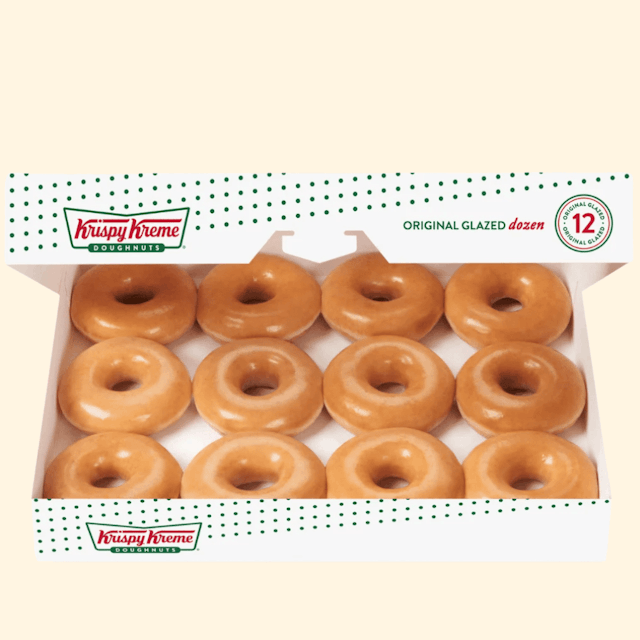 image of A box of 12 glazed doughnuts